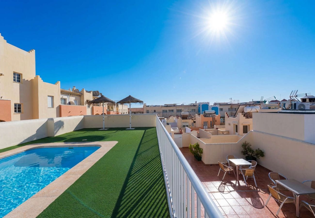 Gemeenschappelijk zwembad op het dak met ligstoelen in Nerja.